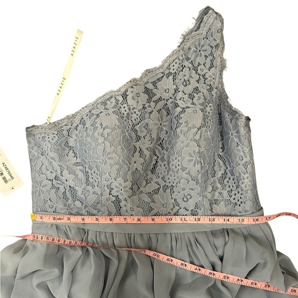 Azazie Demi one shoulder lace full length bridesmaid dress dusty blue size A14 - Picture 6 of 8